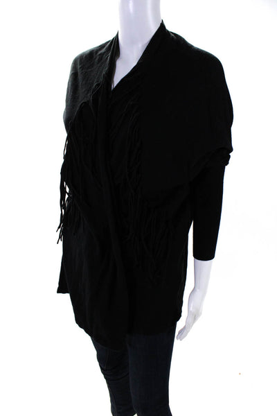 Sandro Womens Cotton Knit Fringe Open Front Long Sleeve Cardigan Black Size 1