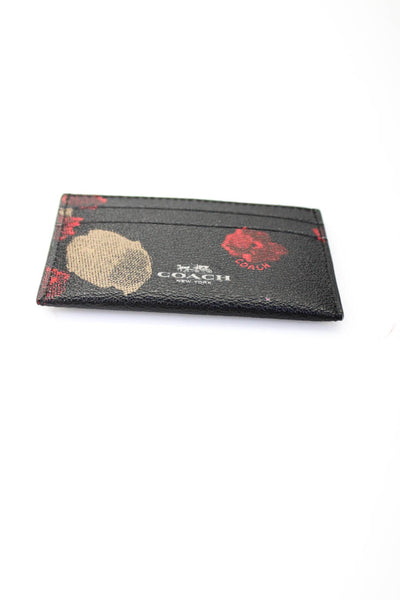 Coach Womens Leather Floral Print Double Sided Card Holder Wallet Black