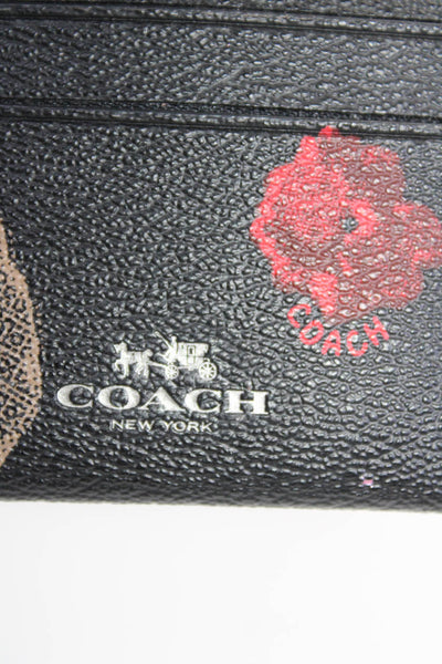 Coach Womens Leather Floral Print Double Sided Card Holder Wallet Black
