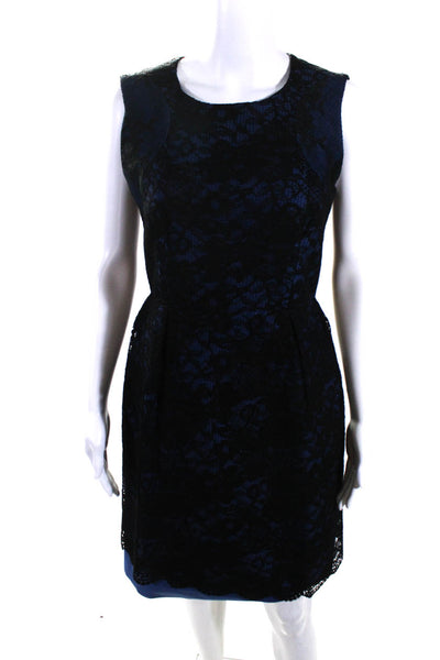 Erdem Womens Back Zip Sleeveless Crew Neck Lace Overlay Dress Blue Black Size 8