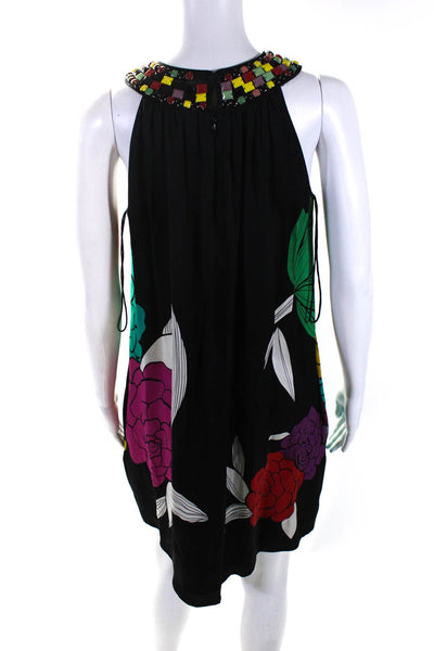 Catherine Malandrino Womens Black Silk Floral Print Beaded  A-Line Dress Size 2