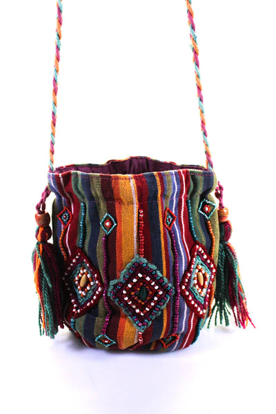 Raga Womens Beaded Canvas Striped Braided Crossbody Handbag Multicolor