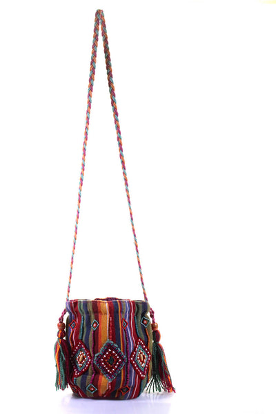 Raga Womens Beaded Canvas Striped Braided Crossbody Handbag Multicolor