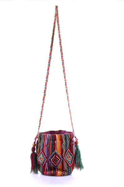 Raga Womens Beaded Canvas Striped Braided Crossbody Handbag Multicolor