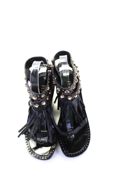 Ivy Kirzhner Womens Studded Leather Ankle Strap Fringe Sandals Black Size 7