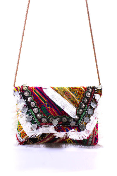 Designer Womens Embellished Token Fringe Embroidered Crossbody Handbag Multicolo