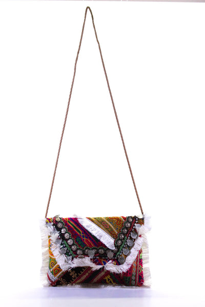 Designer Womens Embellished Token Fringe Embroidered Crossbody Handbag Multicolo