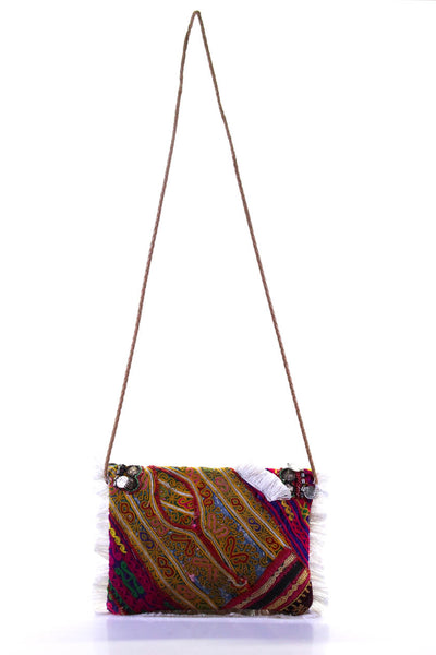 Designer Womens Embellished Token Fringe Embroidered Crossbody Handbag Multicolo