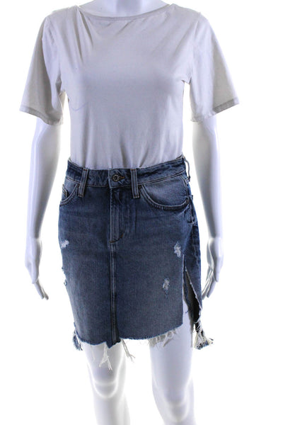 &Denim Womens Distressed Front Slit Denim Cutoff Mini Skirt Blue Size Small