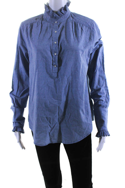Joie Womens Ruffle Frill Neck Long Sleeve Button Up Shirt Blouse Blue Size Large