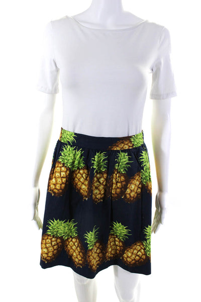 J Crew Womens Back Zip Knee Length Pineapple A Line Skirt Navy Cotton Size 0