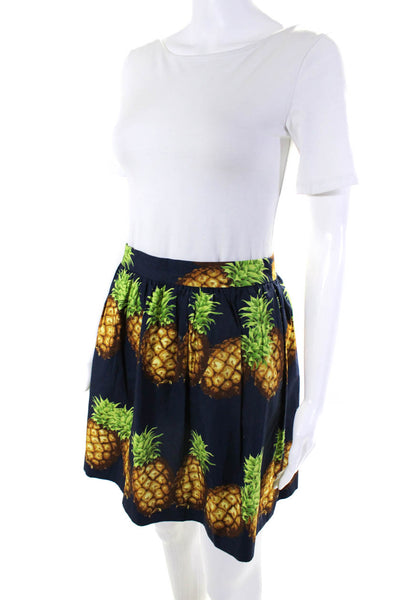 J Crew Womens Back Zip Knee Length Pineapple A Line Skirt Navy Cotton Size 0