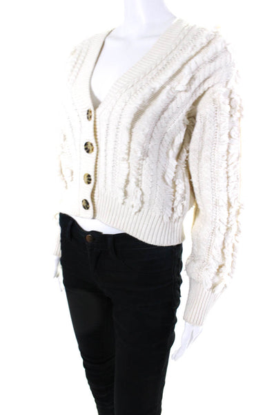 Intermix Womens White Fringe V-Neck Long Sleeve Cardigan Sweater Top Size S