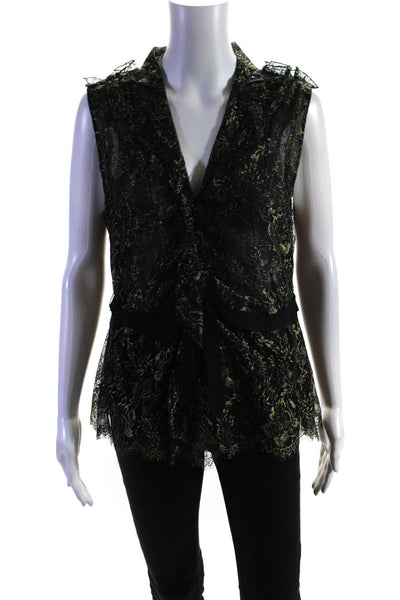 Elie Tahari Women's V-Neck Sleeveless Ruffle Floral Lace Blouse Black Size L