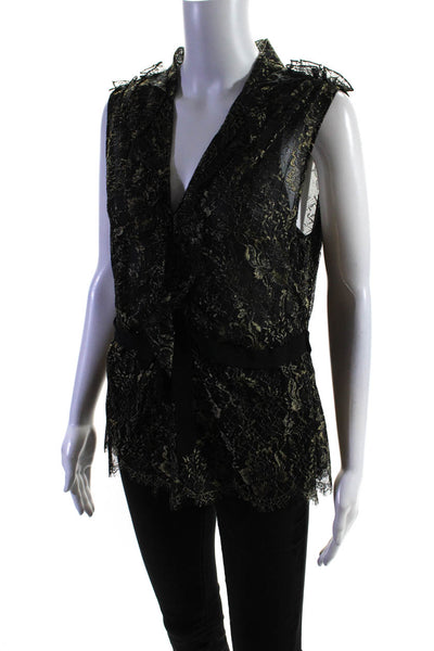 Elie Tahari Women's V-Neck Sleeveless Ruffle Floral Lace Blouse Black Size L