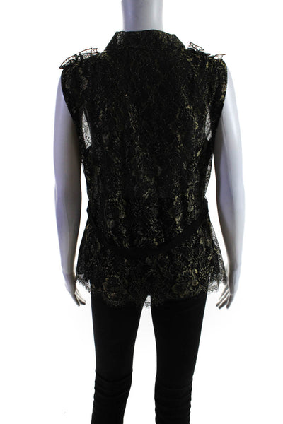 Elie Tahari Women's V-Neck Sleeveless Ruffle Floral Lace Blouse Black Size L