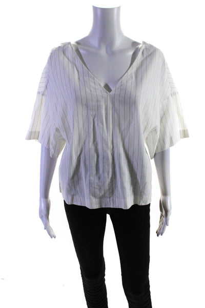 Bimba & Lola Women's V-Neck Short Sleeves Boxy Blouse White Stripe Size M