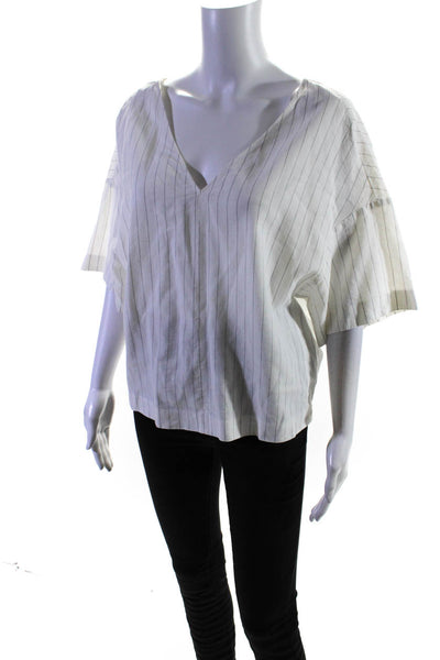 Bimba & Lola Women's V-Neck Short Sleeves Boxy Blouse White Stripe Size M