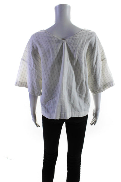 Bimba & Lola Women's V-Neck Short Sleeves Boxy Blouse White Stripe Size M