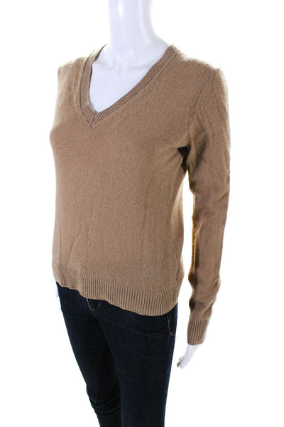 Theory Womens Cashmere Ribbed V-Neck Long Sleeve Pullover Sweater Brown SIze S