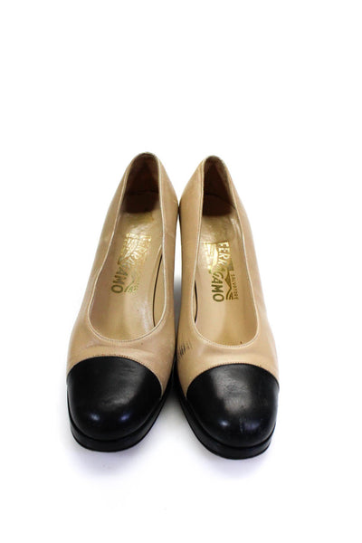 Salvatore Ferragamo Women's Cap Toe Leather Block Heel Pumps Beige Size 7.5