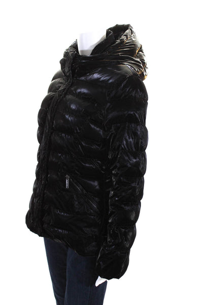 Dawn Levy Womens Shiny Hooded Down Filled Puffer Coat Black Size Medium