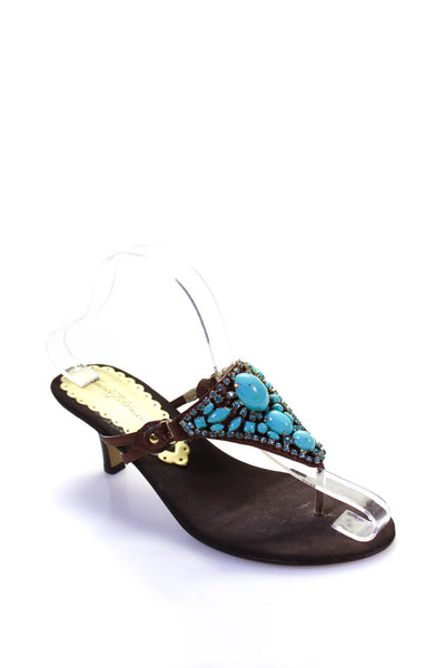 Beverly Feldman Womens Rhinestone Thong Stiletto Sandals Blue Brown Size 7.5