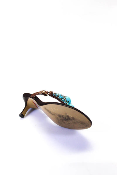 Beverly Feldman Womens Rhinestone Thong Stiletto Sandals Blue Brown Size 7.5