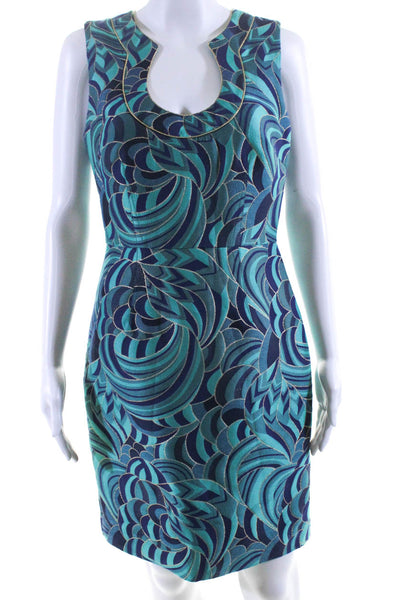 Trina Turk Womens Metallic Abstract Print Sleeveless Sheath Dress Blue Size S