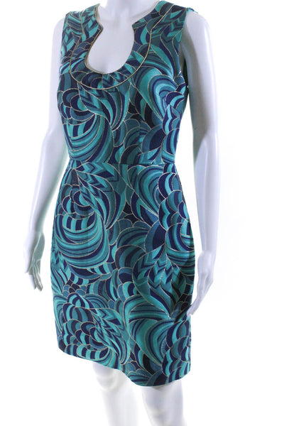 Trina Turk Womens Metallic Abstract Print Sleeveless Sheath Dress Blue Size S