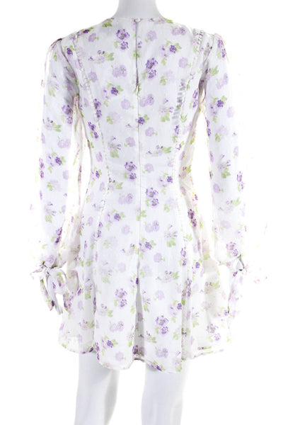 Majorelle Womens Sheer Long Sleeve Crew Neck Floral Dress White Purple Size XS