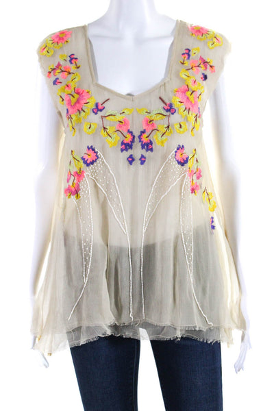 Free People Womens Sleeveless V Neck Fringe Trim Floral Chiffon Top Beige XS