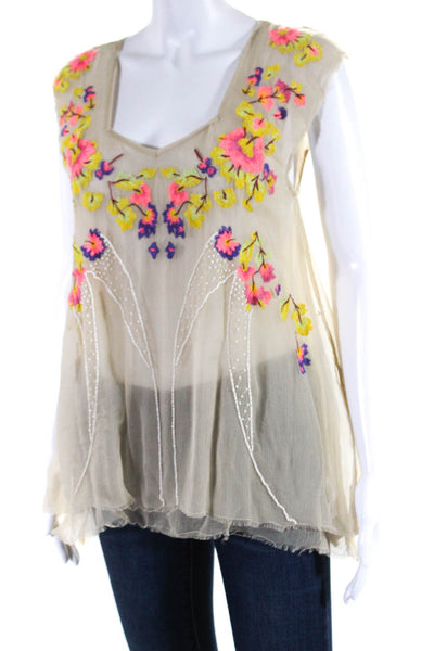 Free People Womens Sleeveless V Neck Fringe Trim Floral Chiffon Top Beige XS