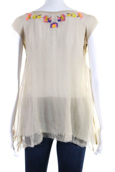 Free People Womens Sleeveless V Neck Fringe Trim Floral Chiffon Top Beige XS