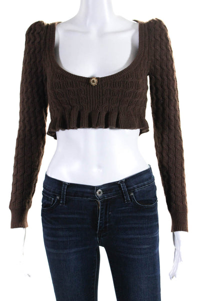 LPA Womens Long Sleeve V Neck Cable Knit Crop Top Brown Size Extra Small