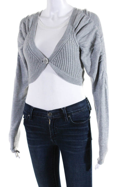Majorelle Womens Single Button Ribbed V Neck Cropped Cardigan Sweater Gray XS