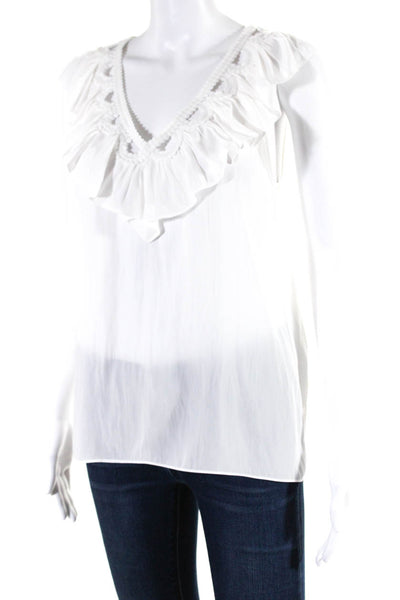 Ramy Brook Women's Embroidered V Neck Ruffle Blouse White Size XS