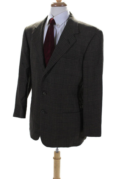 Barneys New York Mens Plaid Three Button Blazer Jacket Brown Beige Size 42