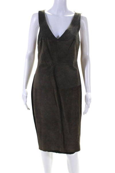 Bailey 44 Womens Leather Patchwork Darted V-Neck Midi Sheath Dress Brown Size L