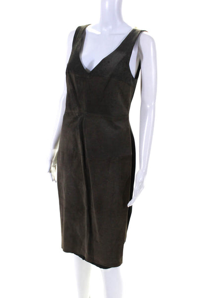 Bailey 44 Womens Leather Patchwork Darted V-Neck Midi Sheath Dress Brown Size L