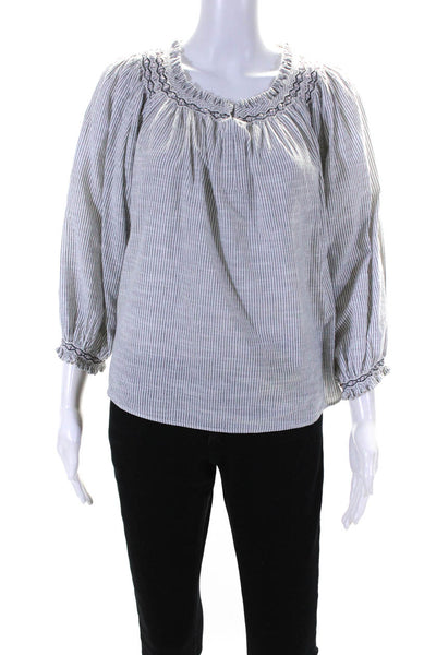 Rebecca Taylor Womens Striped Y Neck Long Sleeve Top Blouse Gray White Large