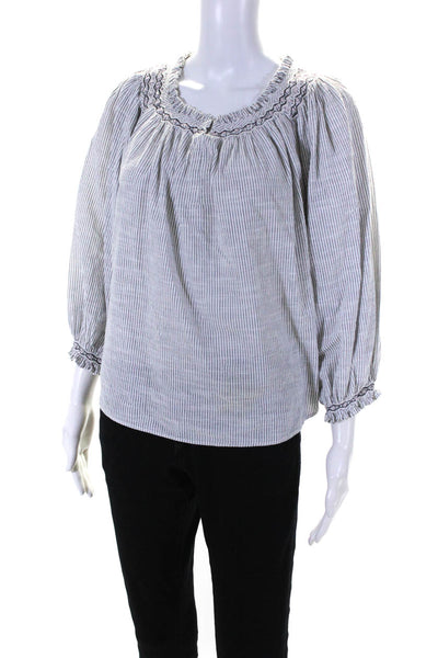 Rebecca Taylor Womens Striped Y Neck Long Sleeve Top Blouse Gray White Large