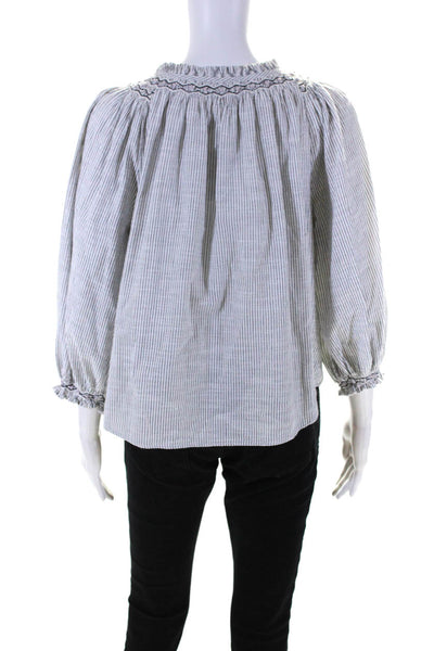 Rebecca Taylor Womens Striped Y Neck Long Sleeve Top Blouse Gray White Large