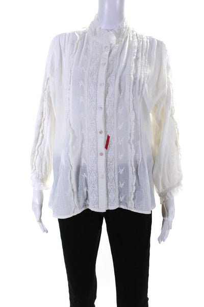 Sundance Womens Frill Neck Lace Trim Long Sleeve Top Blouse White Size Medium
