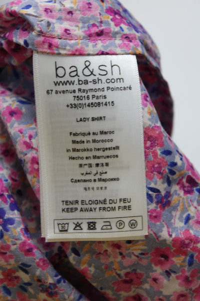 Ba&Sh Womens Crew Neck Button Up Floral Long Sleeve Top Blouse Fuschia Size 2