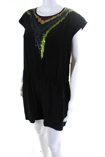 Trina Turk Women's Round Neck Sleeveless Sequin Embellish Romper Black Size 10