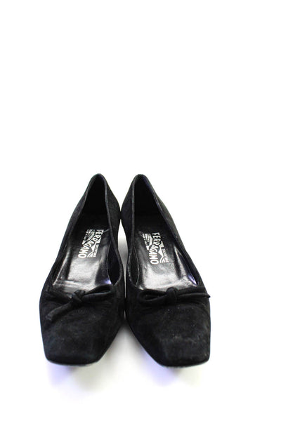 Salvatore Ferragamo Womens Suede Square Toe Bow Accent Low Heels Black Size 8.5