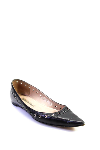Manolo Blahnik Womens Leather Grommet Studded Pointed Toe Flats Black Size 8