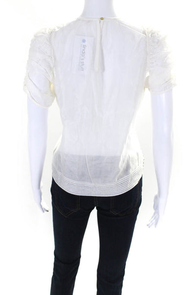 Ulla Johnson Womens Short Ruched Sleeve V Neck Boxy Top White Cotton Size 4