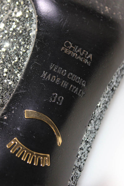 Chiara Ferragni Womens Glitter Leather Pointed Stiletto Heels Silver Tone Size 9